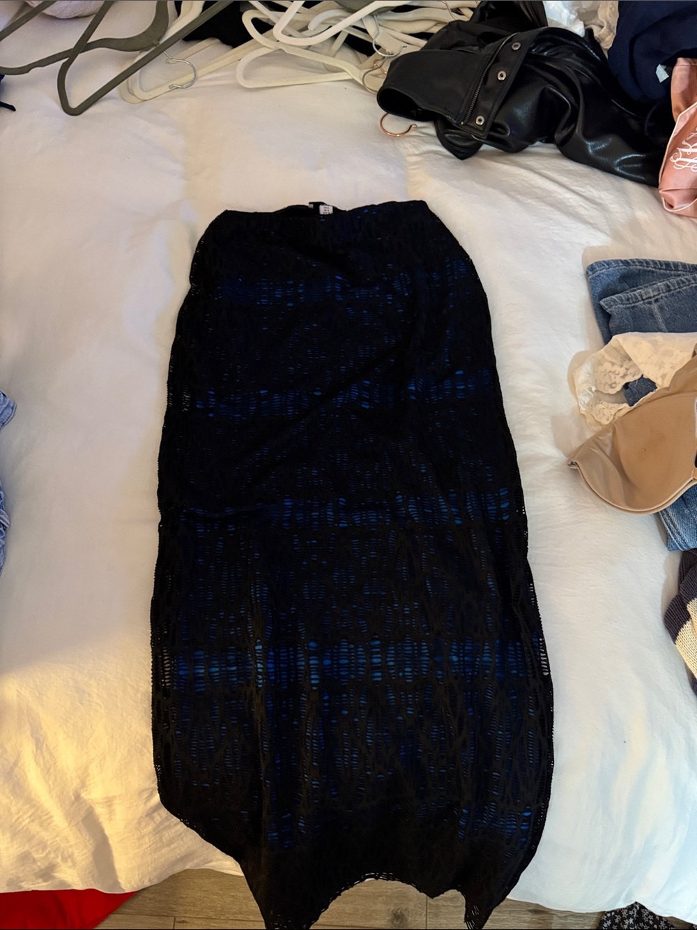 Topshop Black Lace Maxi Skirt with Blue Underlay